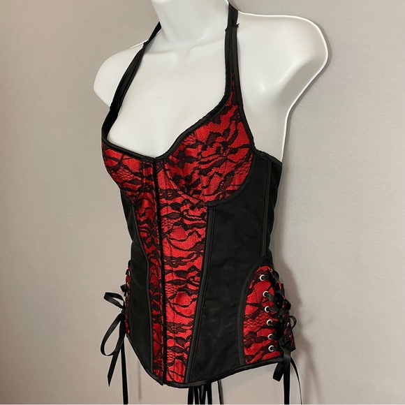 Velvet Kitten Corset Top Lace Up Black Red Halter Neck Tie Boning - Picture 12 of 13
